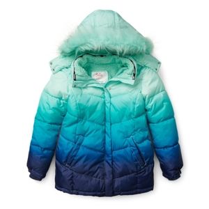 Justice girl's ombre blue puffed coat with fur hood size large 12 / 14